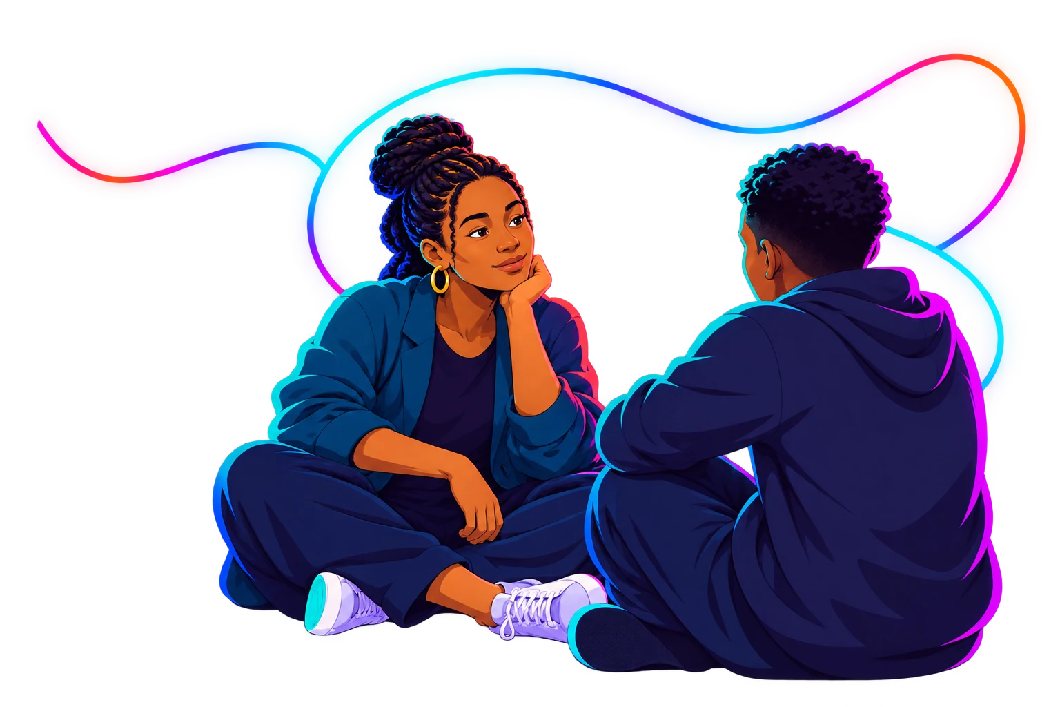 Two people in a calm private conversation connected by a continuous line